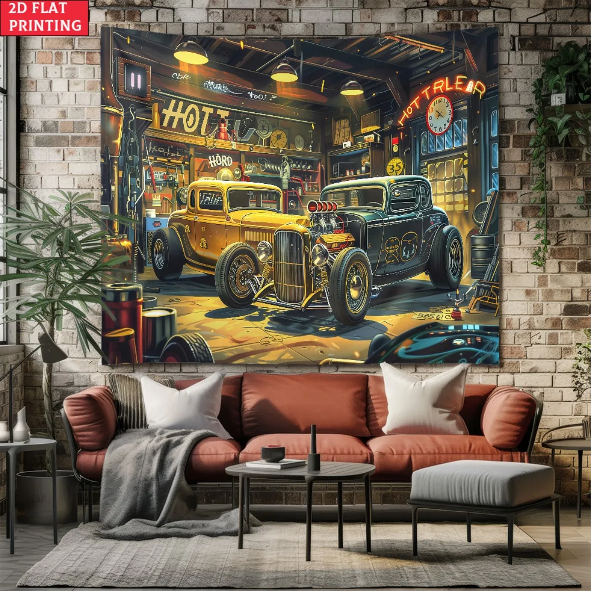 Vintage Hot Rod Garage Tapestry, Classic Modified Cars in Retro Workshop Wall Hanging Car Lover Room Decor suitable offices bars