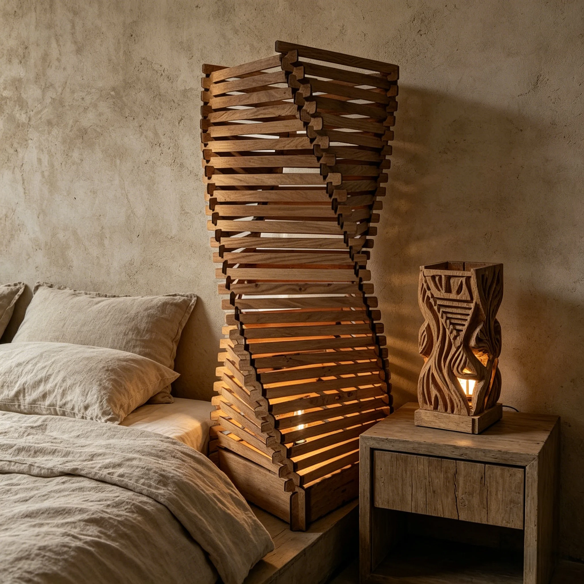 Twisted Solid Wood Slat Joinery Floor Lamp-Handcrafted Engraved Stacked Wood Freestanding Lighting Ornament For Modern Home