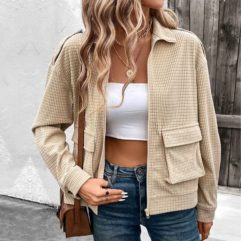 2025 new spring zipper casual short crop jacket for women elegant corn velvet solid color pocket long sleeve sport coat