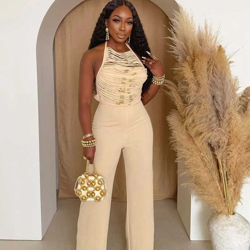 Sexy Halter Backless Jumpsuit Woman Elegant High Waist Flare Pants Sleeveless Beading Ruched Party Romper Birthday Club Outfits