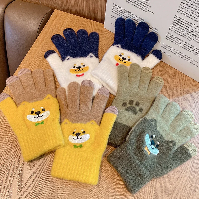 

Cute Cartoon Fluffy Warm Gloves Women Touchscreen Winter Dog Shiba Embroider Full Finger Girls Wool Soft Knitted Wrist Mittens