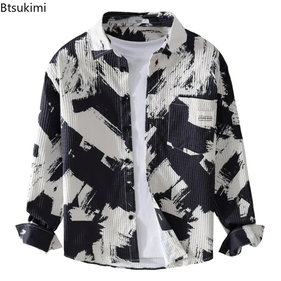 جديد ربيع الخريف الرجال عالية الجودة قمصان طويلة الأكمام موضة التلبيب فضفاض قميص غير رسمي معاطف طباعة مخطط الذكور سترة القمم