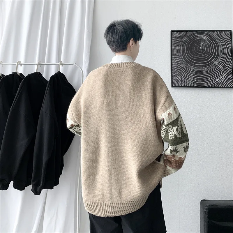 الرجال البلوزات خمر سترة الخريف الشتاء الكرتون محبوك ملابس خارجية شيك الذكور عادية فضفاض تريكو Harajuku زر معاطف