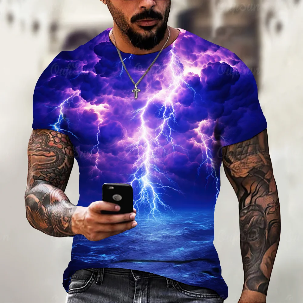 

T-shirt Men's Lightning Stripe 3D Printed Short-sleeved T-shirt Fashion Street Wear Oversized Round Neck Sports T-shirt Summer