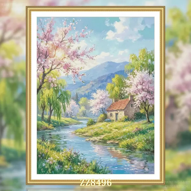 

ZZ8496- Spring Day Countryside 14CT 16CT 18CT Stamped Cross Stitch DIY Set Pattern Kit Needlework Embroidery 136 Colors
