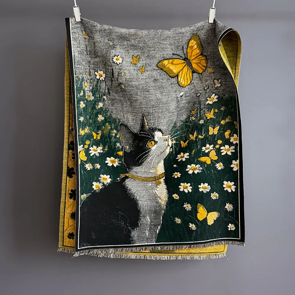 Thick Quality Oil Painting Style Cute Cat Butterfly Flowers Faux Cashmere Scarf Shawl Autumn Winter Long Neckerchief Women Wraps