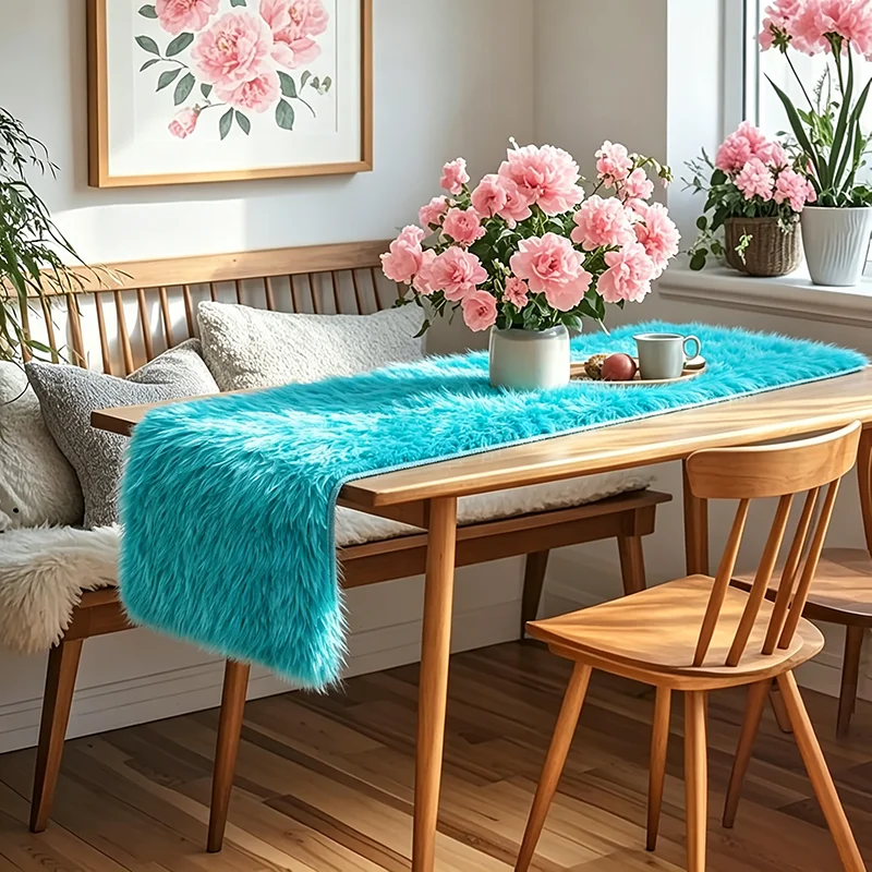 VIKAMA Plush Table Runner Bright Blue Faux Fur Fleece for Dining Table Christmas Non Slip Backing Machine Washable Gift