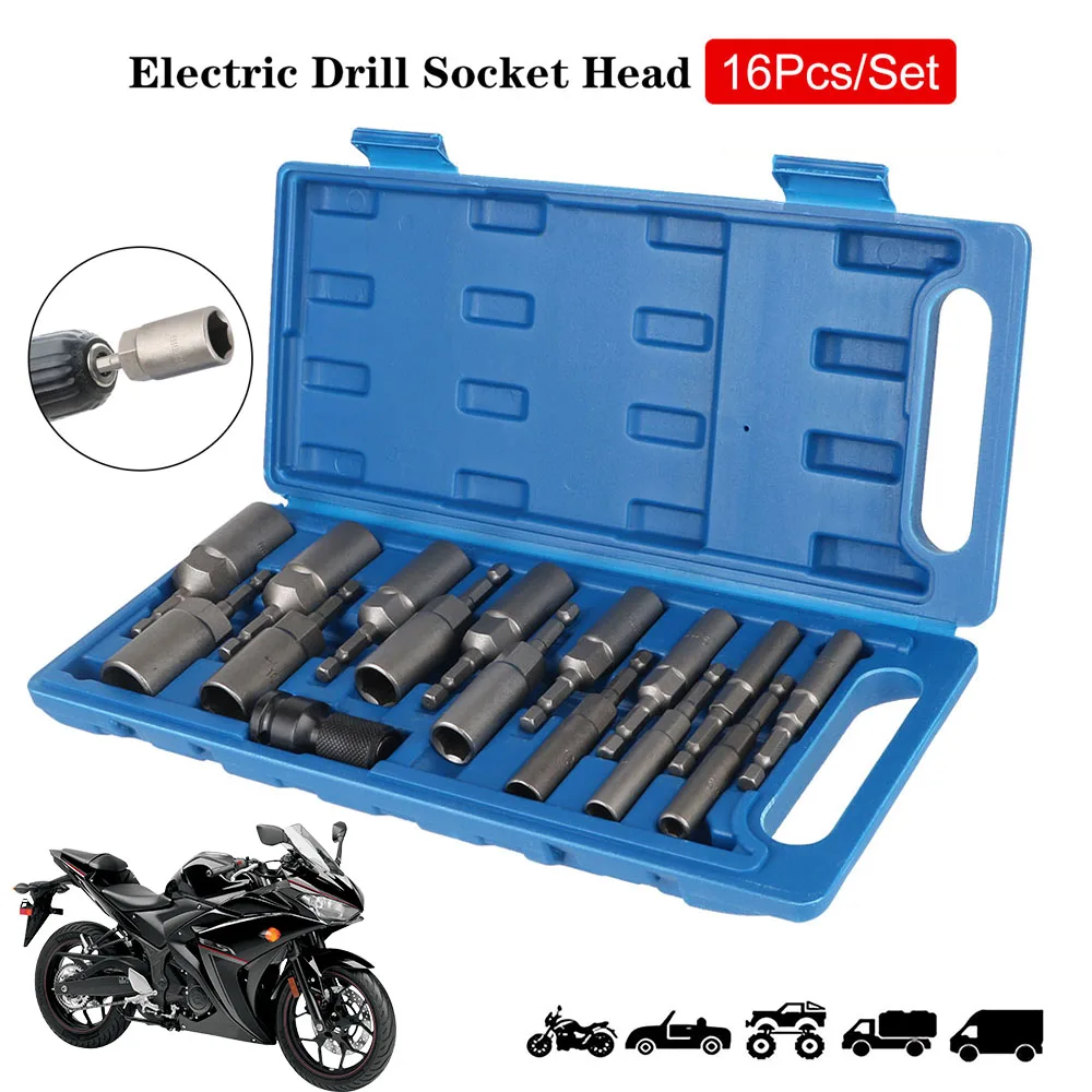 

16pcs Motorcycle Removal Wrench Head Set Electric Drill Socket Bits 5.5-19mm Hexagon Socket 1/4" Drive Car Repair Garage Tools