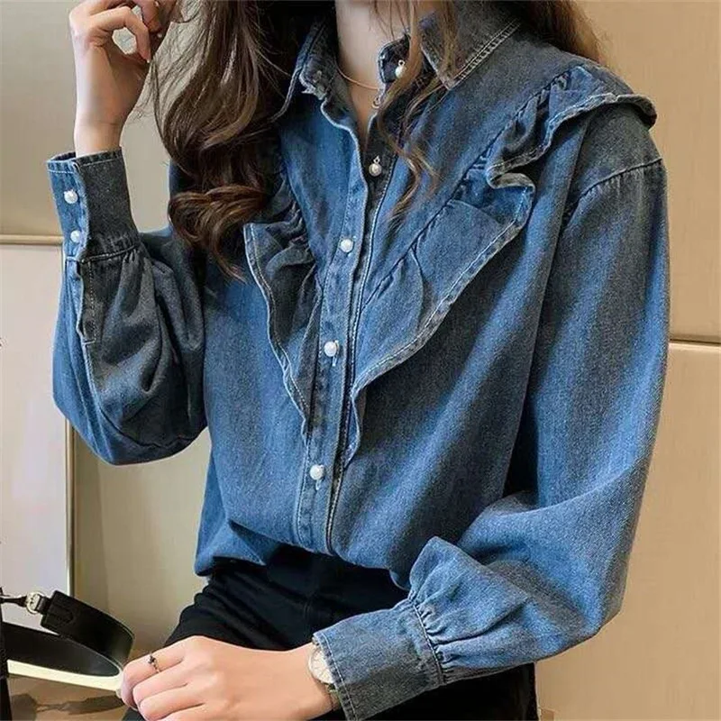 

Blue Denim Shirt Women's Spring Autumn Loose Long Sleeve Lapel Single Breasted Pearl Casual Versatile V-neck Ruffles Female Top