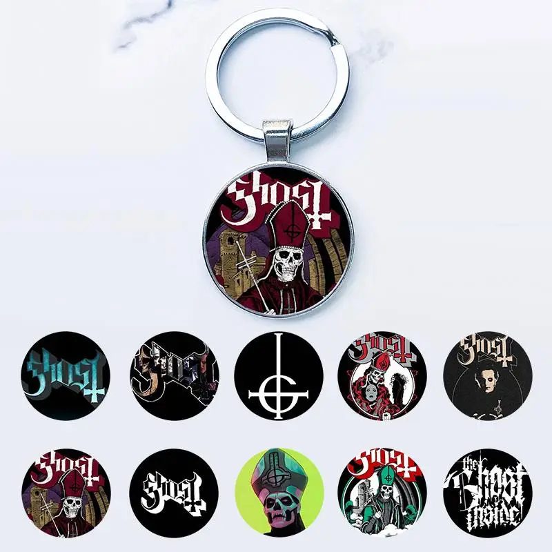 TAFREE Ghost Keyrings Ghoul Cross Chain Musical Band Mask Grucifix Keychains Round Glass Dome With Photos Jewelry GYF437