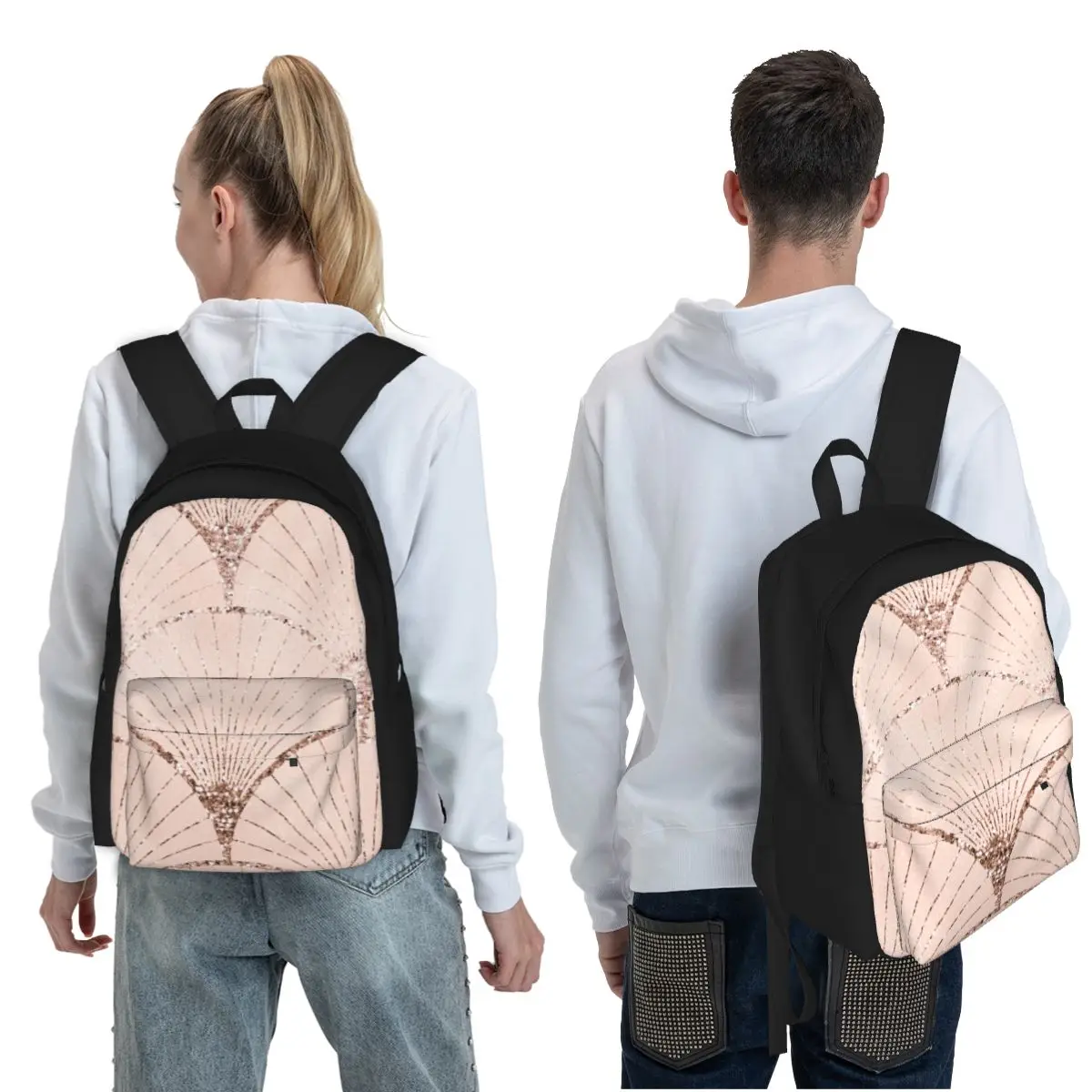 Art Deco Elegance - Rose Gold Glitter Fan Student Backpack School BagDaypack for Men Women Fashion Bookbag Shoulder Bags