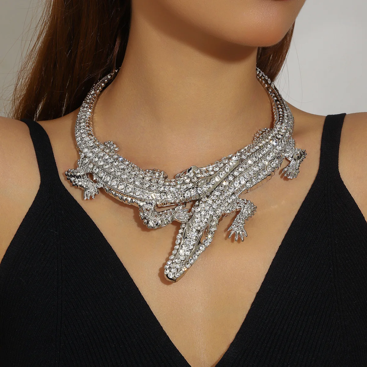 

Statement Jewelry Party Accessories Silver Color Crystal Rhinestone Crocodile Alligator Chunky Choker Necklace for Women
