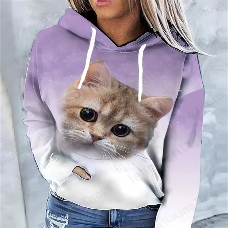 Cat 3D Printed Women\'s Hoodie With Cat Pattern Full Body Printing Fashionable Trendy Versatile Casual Warm Women\'s Cute Style