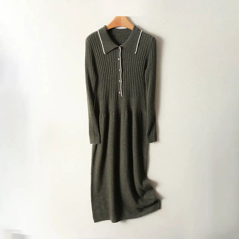 100% Wool Women's Midi Dress, Polo Neck with Buttons Solid Color Knitted Dress, Autumn Winter Elegant Slim Woolen Dress