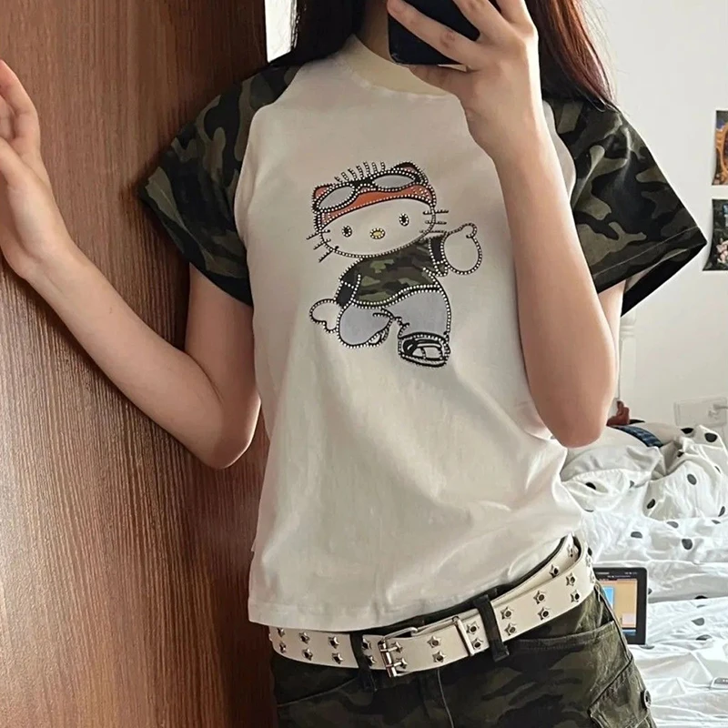 Hello Kitty New Summer Sanrios Cartoon T-Shirt Y2K Grunge Clothes Patchwork Kawaii Short Sleeved Top Girl Korean Fashion Tees