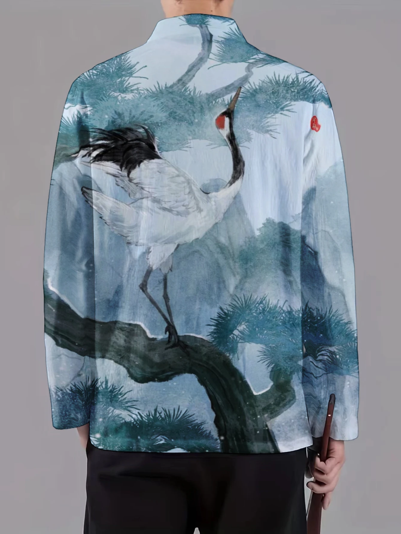 Men Mandarin Collar Frog Button Long Sleeve Jacket Chinese Ink Wash Art Print Oriental Casual Outerwear With Side Pockets