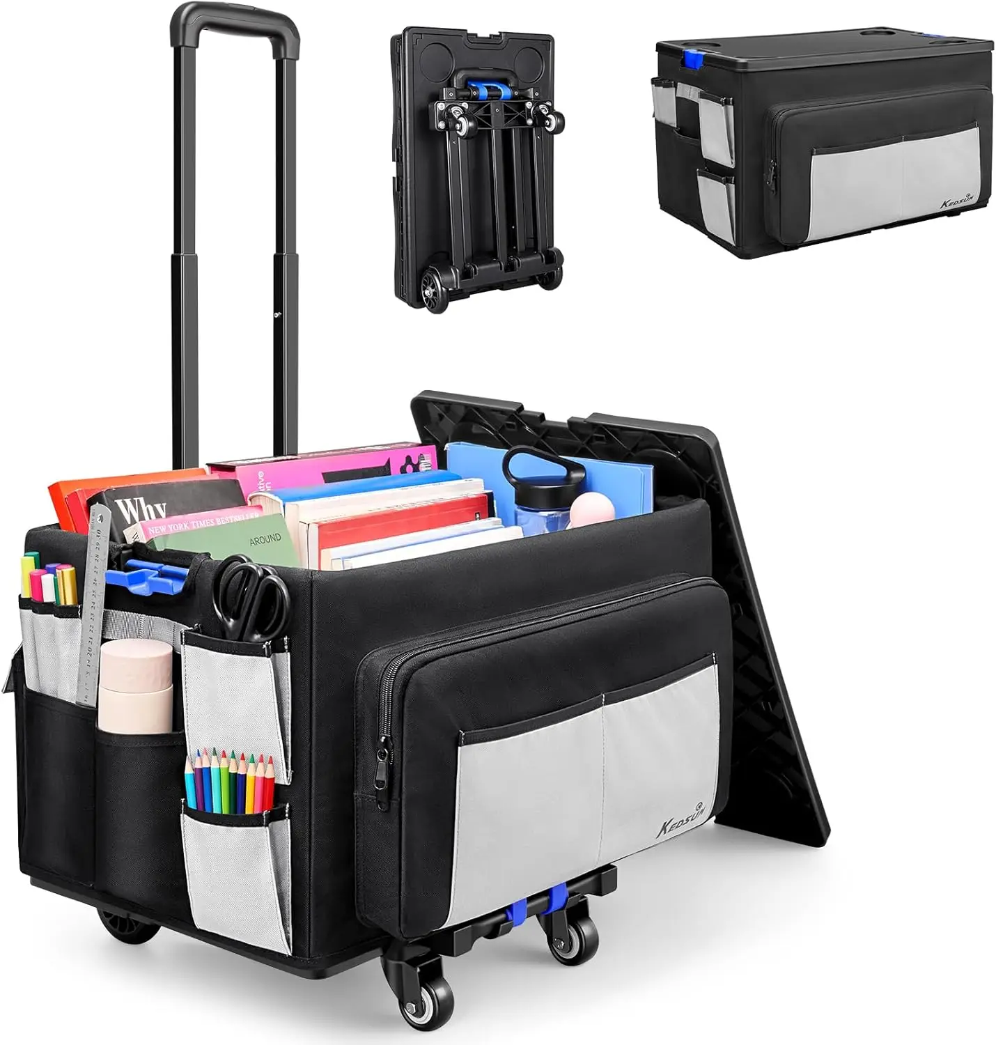 

2-in-1 Rolling Cart for Teachers with Organizer Bag, 70L Collapsible & 290LBS Capacity for School, Office, Garden