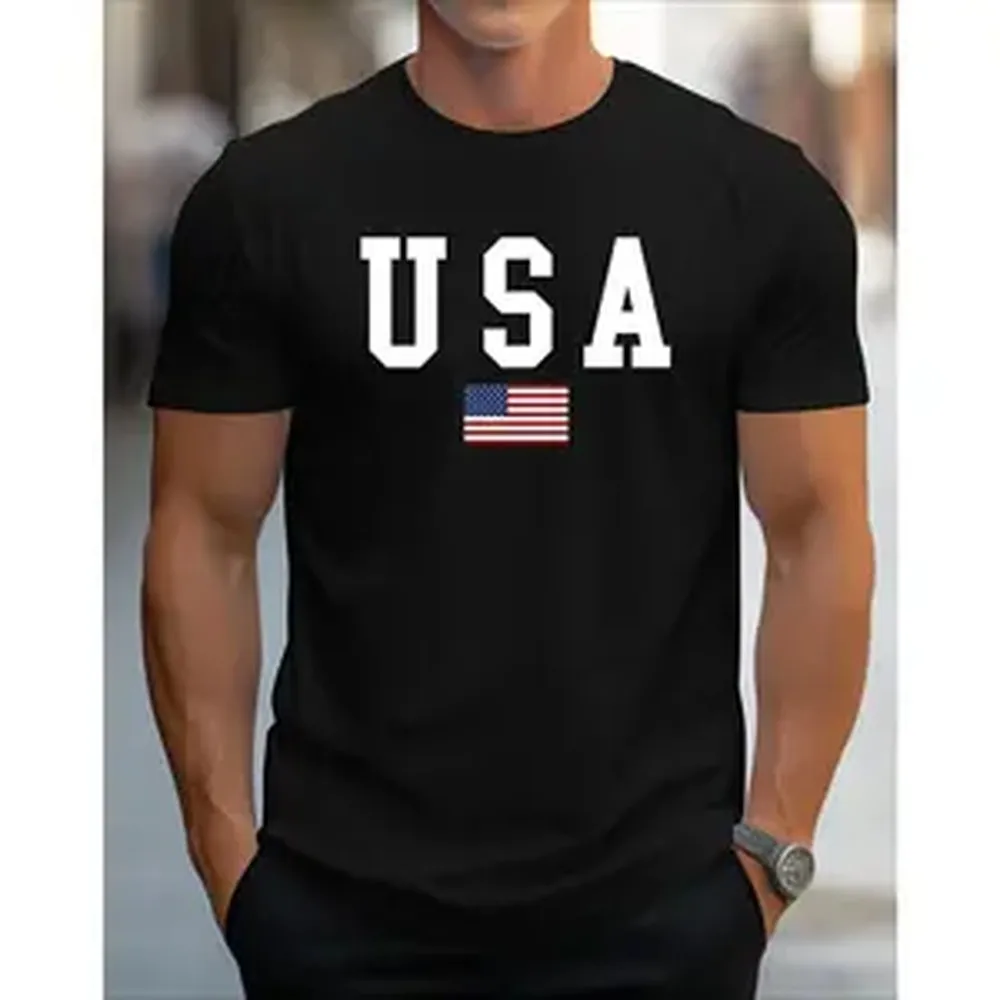 Men's Patriotic USA Flag Graphic T-Shirt - Soft Cotton Fabric, Slight Stretch Knit, Casual Loose Round Neck Short-Sleeve, Regular Fit All-Season Menswear Top