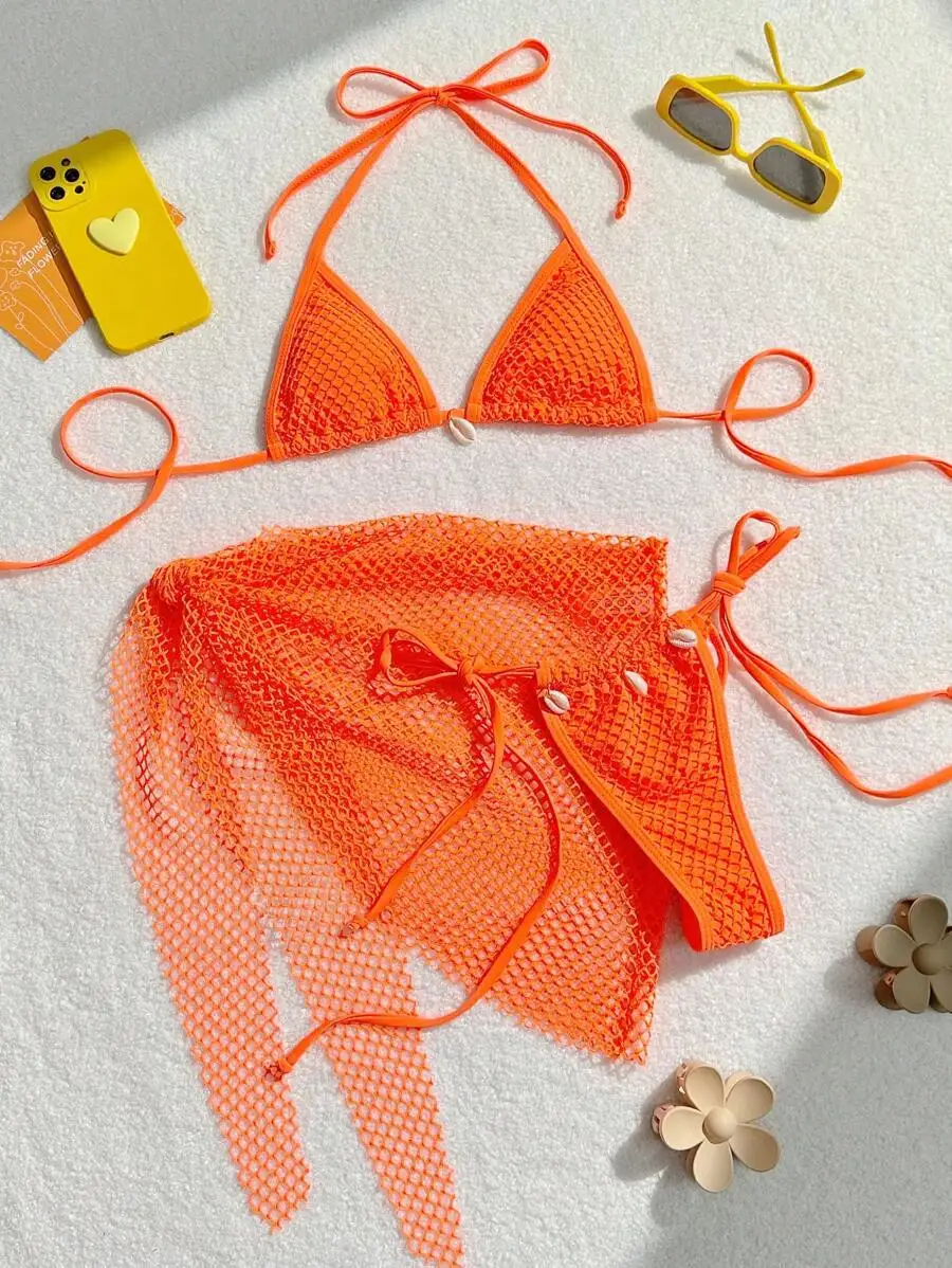 Novo sexy triângulo push up bikini feminino maiô lado corda banho de 3 peça maiô com malha envolta swimdress beach wear