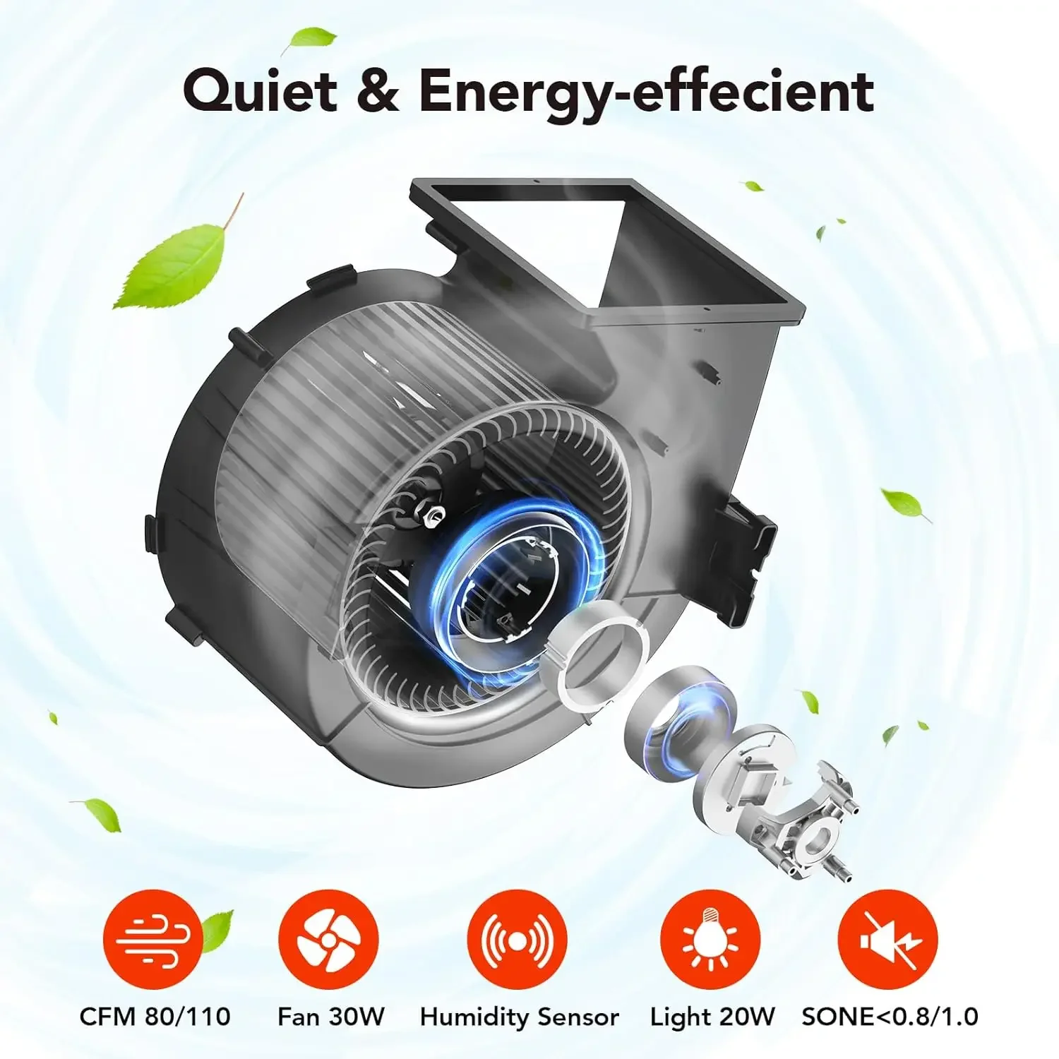 Bathroom Exhaust Fan with Light, 30W Exhaust Fan with Humidity Sensor, 80/110 CFM 0.8/1.0 Sone Bathroom Vent Fan with Light for