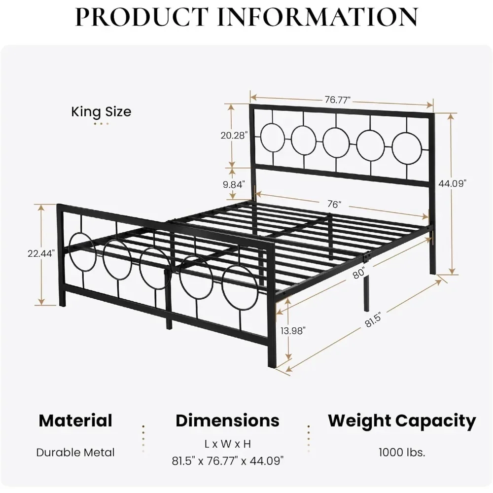 for King Size Bed Frame with Vintage Circular Design Headboard and Footboard, No Box Spring Required, Bed Frame