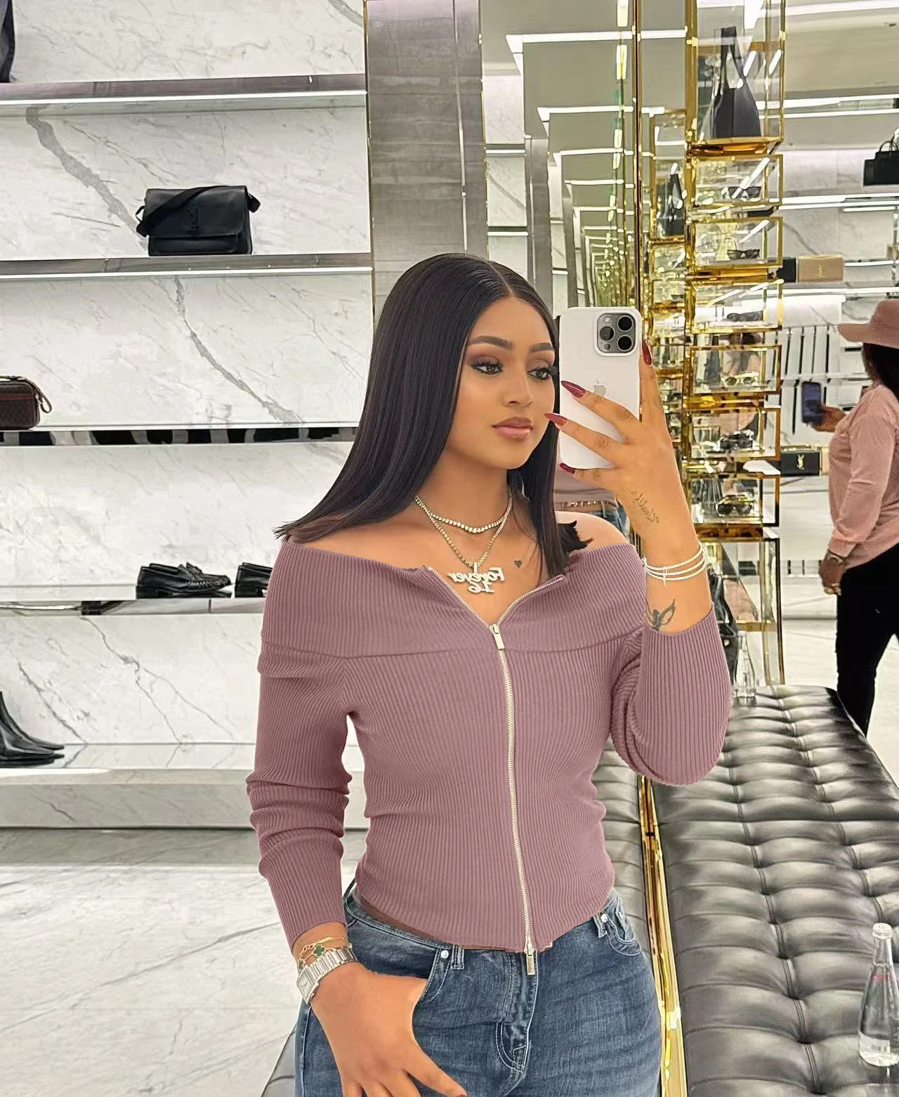 

Sexy Off Shoulder Sweaters Women Autumn Slim Fit Double Zipper Knitted Cardigan Y2k E-Girl Long Sleeve Tops