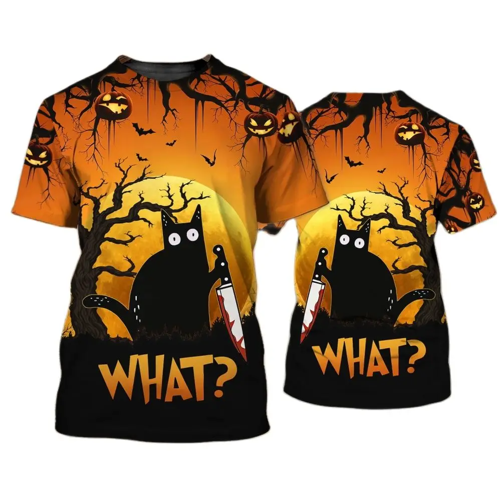 Summer Men Happy Halloween Cute Jack-O Lantern Cat Graphics 3d Printed O Collar Short Sleeve Loose Plus Size Sports T-Shirt