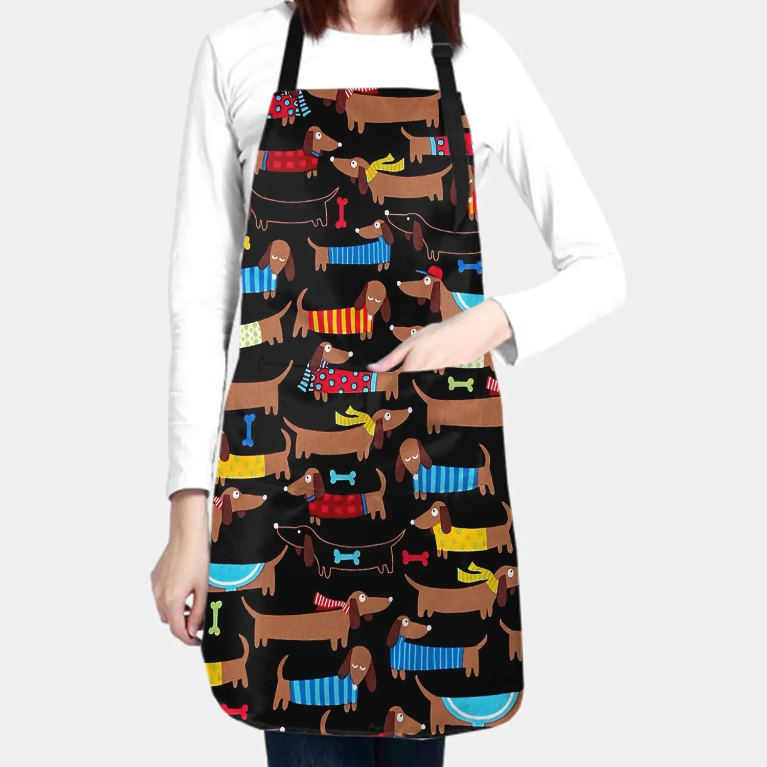 Cute Dachshunds Apron Funny Waterproof Kitchen Aprons with 2 Pockets