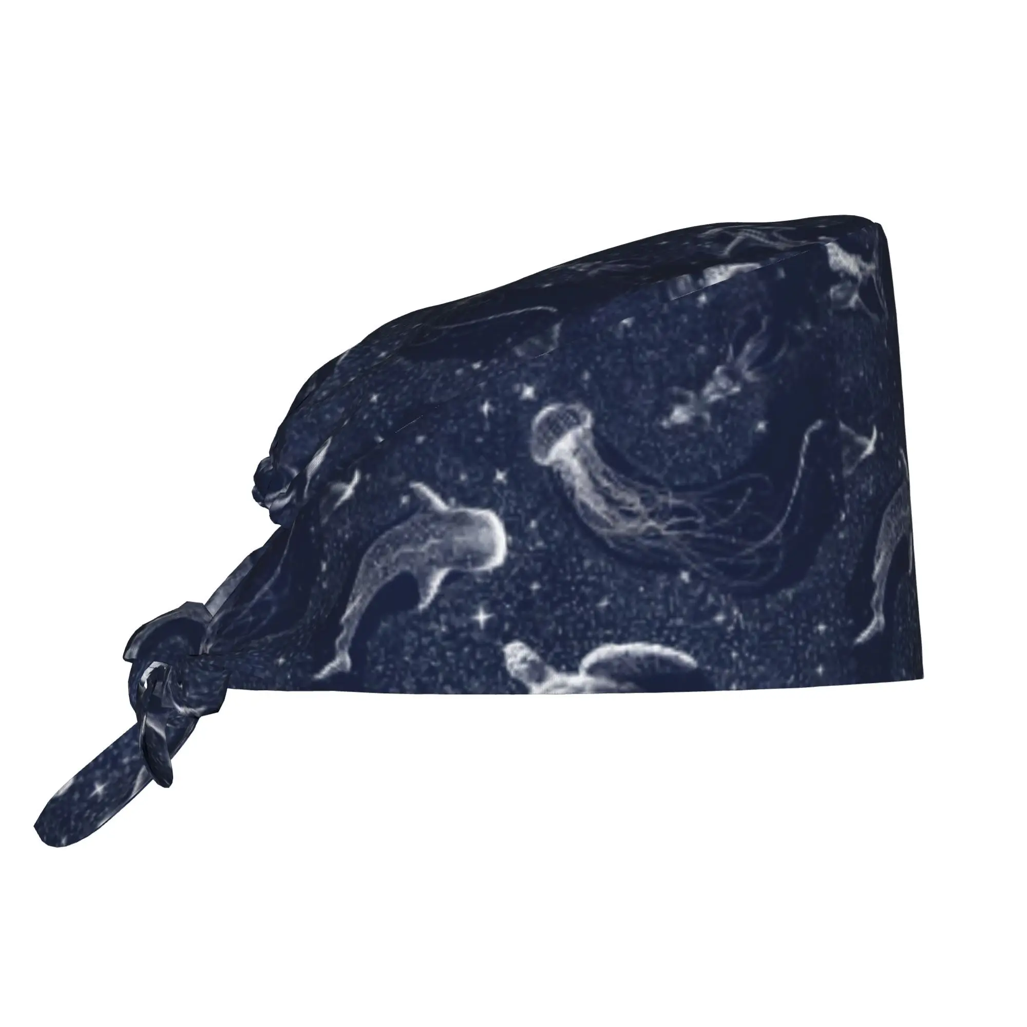 1pc Fish Unisex Stylish Printed Work Cap Lightweight Adjustable Skull Cap Tie-Back Nurse Hat Dustproof Chef Cooking Cap