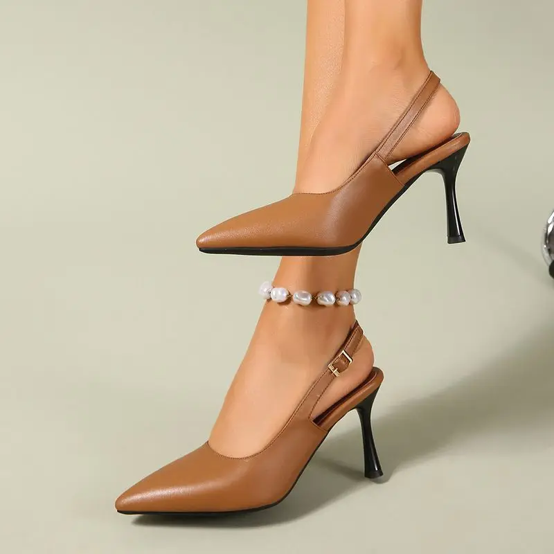 REAVE CAT Brown Women Sandals Pointed Toe 8cm Thin High Heels Back Buckle Strap Soft Sexy Dating Party Shoes Plus Size 43 44 45 - view 5