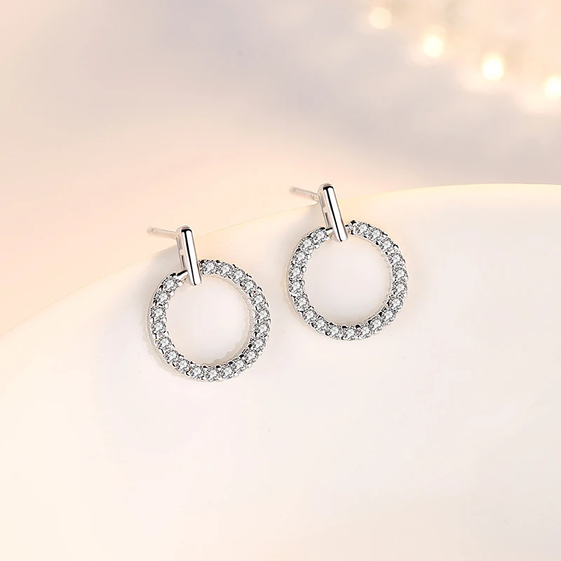 Real 925 Sterling Silver Woman's New Jewelry Fashion Round Crystal Zircon Stud Earrings XY0257
