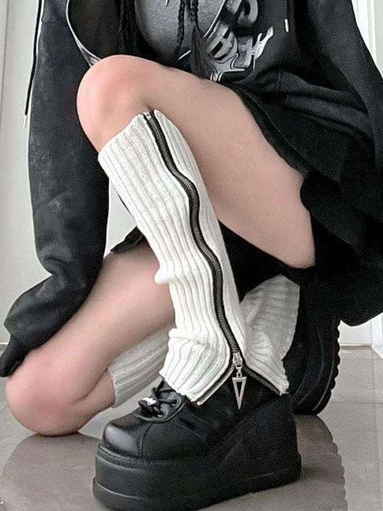 New White Loose Socks JK Zipper Foot Covers Y2K Hot Girl Knitted Leg Warmers Women Slouch Knee-high Stacked Socks Punk Boot Sock