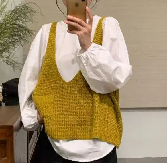 

Антивозрастной вязаный жилет, комплект из двух предметов, женский свободный многослойный жилет ранней осени, одежда «Асфера», одежда для поездок на работу, чистый цвет