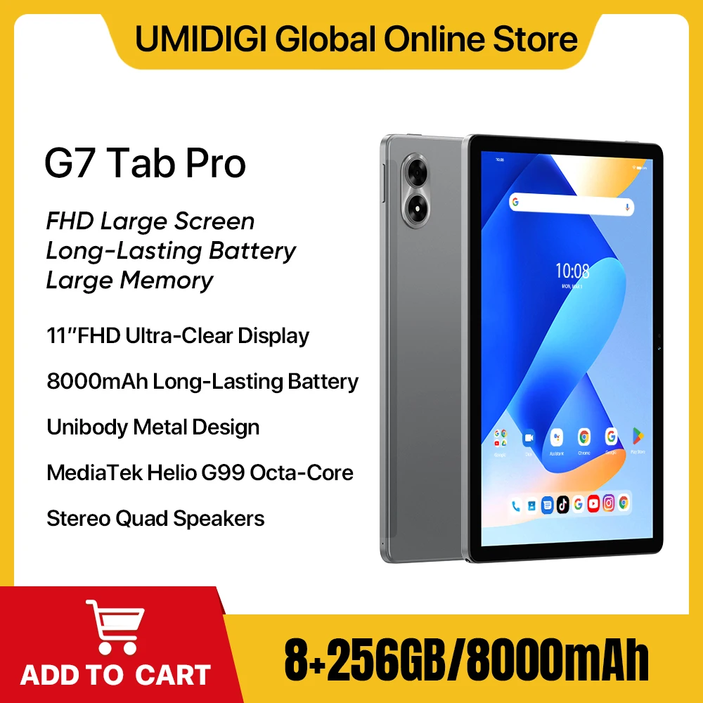 UMIDIGI-G7 Tab Pro Android Tablet 16GB RAM (8+8GB Extended) 256GB ROM 8000mAh MediaTek Helio G99 Bluetooth 5.2 11” FHD 2024