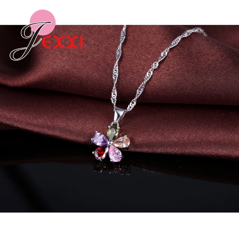 Five Petaled Flowers Shinning Colorful CZ Crystal Pendant Jewelry Sets 925 Sterling Silver Necklace + Dangle/Hoop Earring Sets