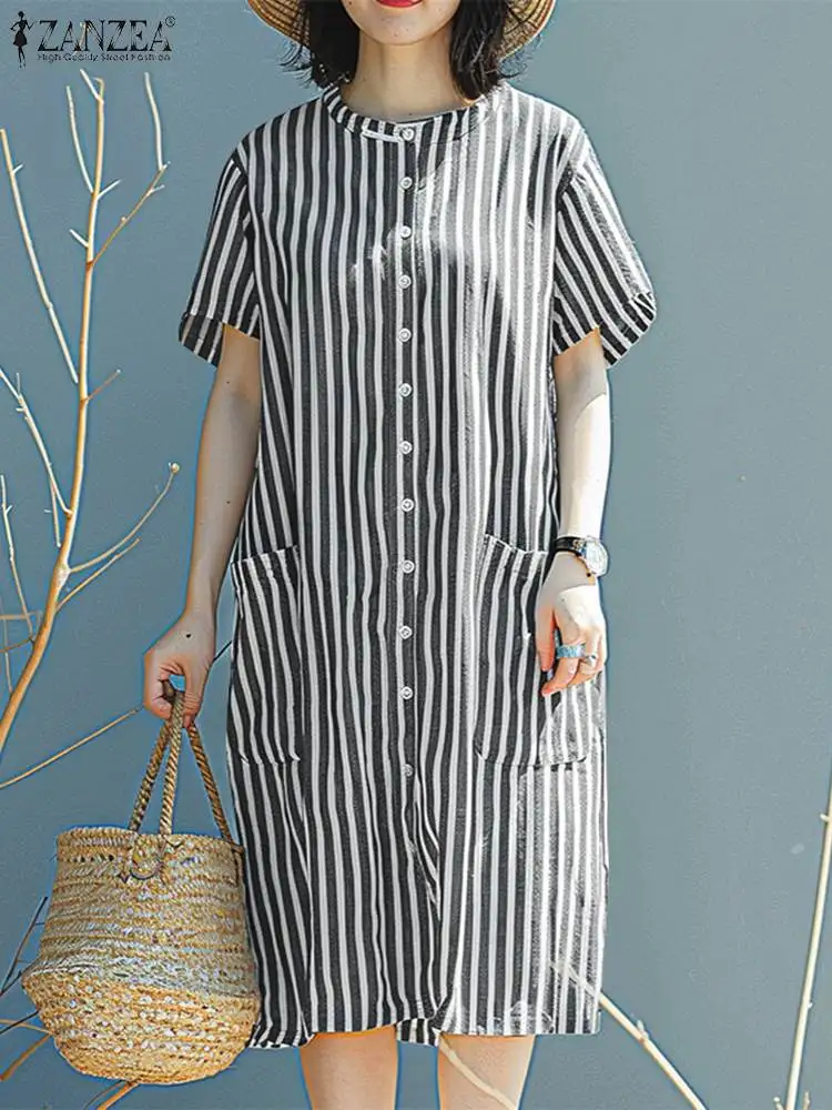 

ZANZEA Women Half Sleeve Shirt Dress Summer Stripe Printed Dress Fashion Single Breast Midi Sundress Casual Loose 2024 Vestidos