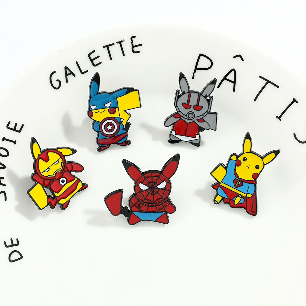 Cartoon Creative Pokemon Pikachu Cos Superhero Enamel Pins Iron Man Spider-Man Ant-Man Brooch Cute Badges Gifts