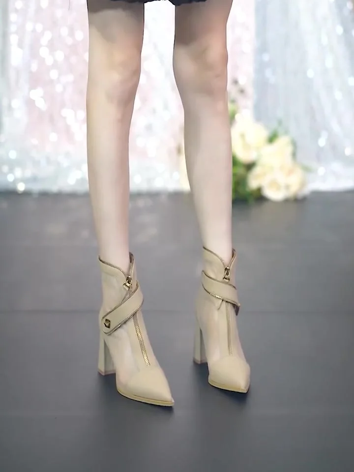 Spring Autumn Short  Boots Women's Fashion Bootie Sharp Toe Metal Buckle Slimming Sexy Boot PU Leather High Heel