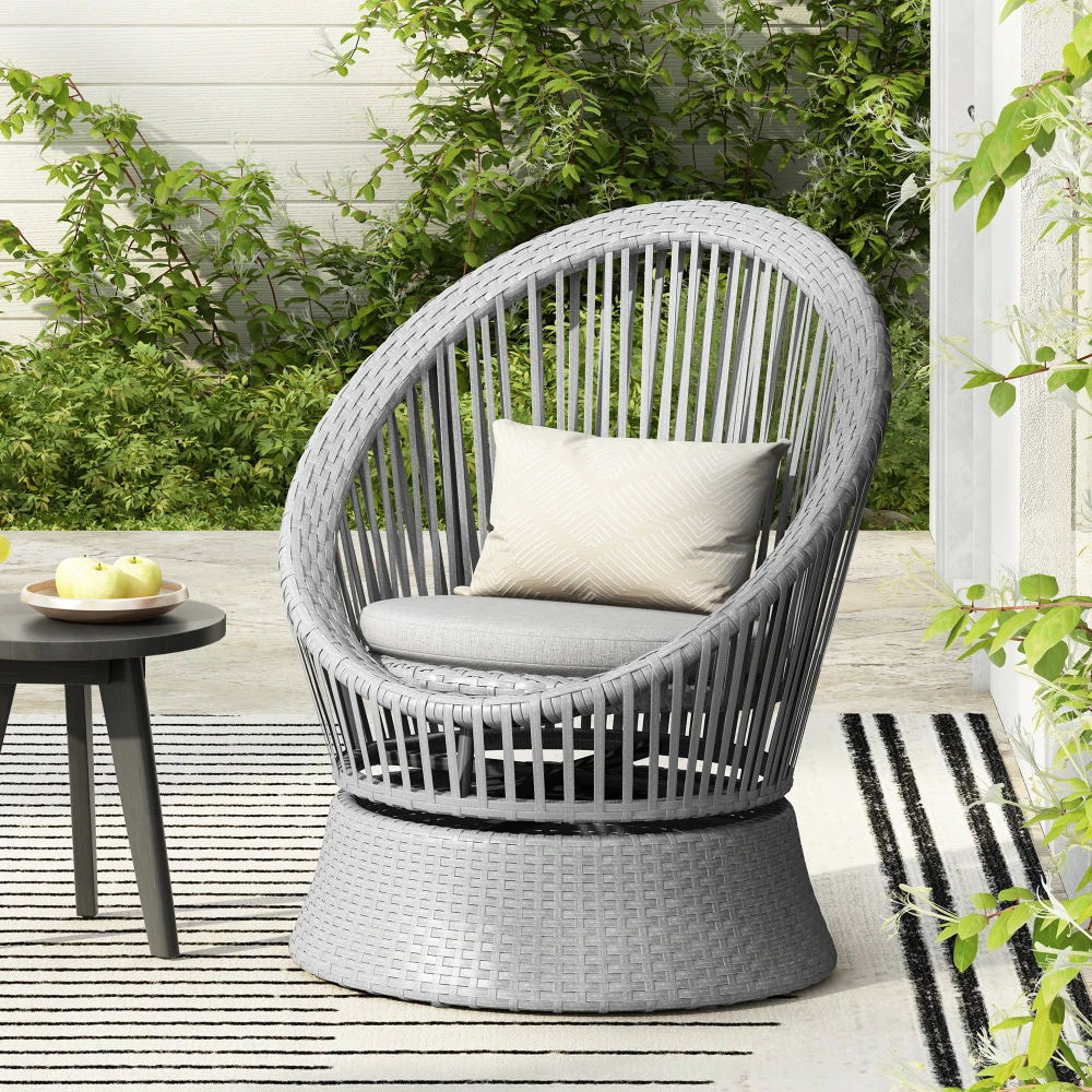 

26.7" Modern Silver Swivel Wicker Lounge Chair with xianRattan and Iron Frame garden furniture outdoor chair patio furnitures