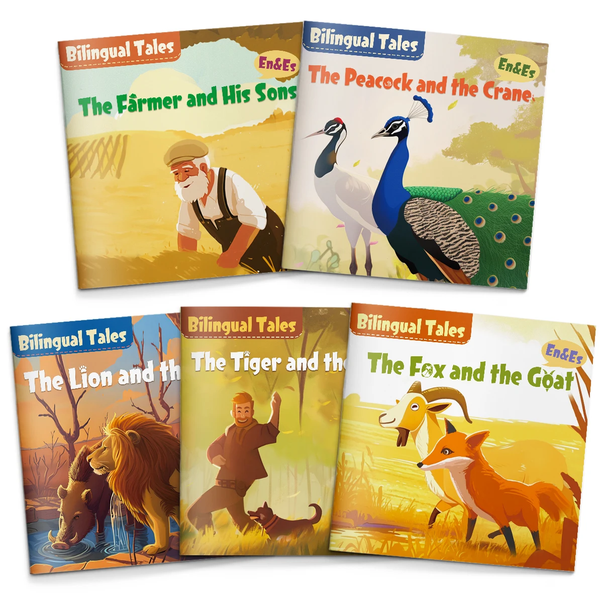 Aesop Fables Bilingües en Inglés y Español para Niños: El Granjero y sus Hijos, El Zorro y la Cabra, Set de Libros de Cuentos para Leer