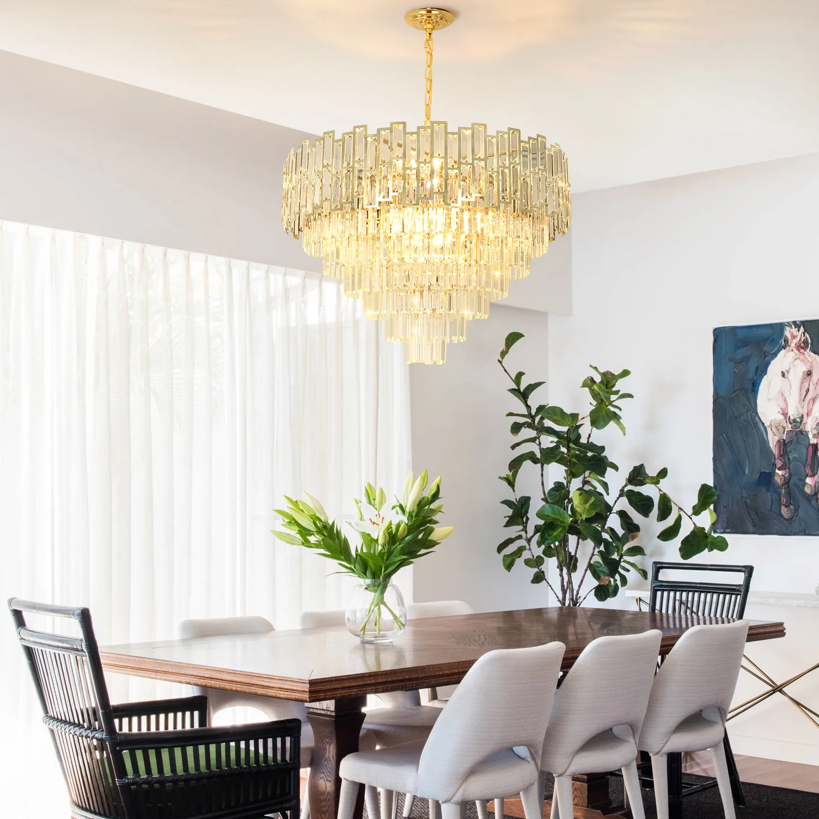 Modern Crystal Chandelier with Gold Stainless Steel for Living Room,Dining Room, Foyer,E12 x 15, 29.5 inch