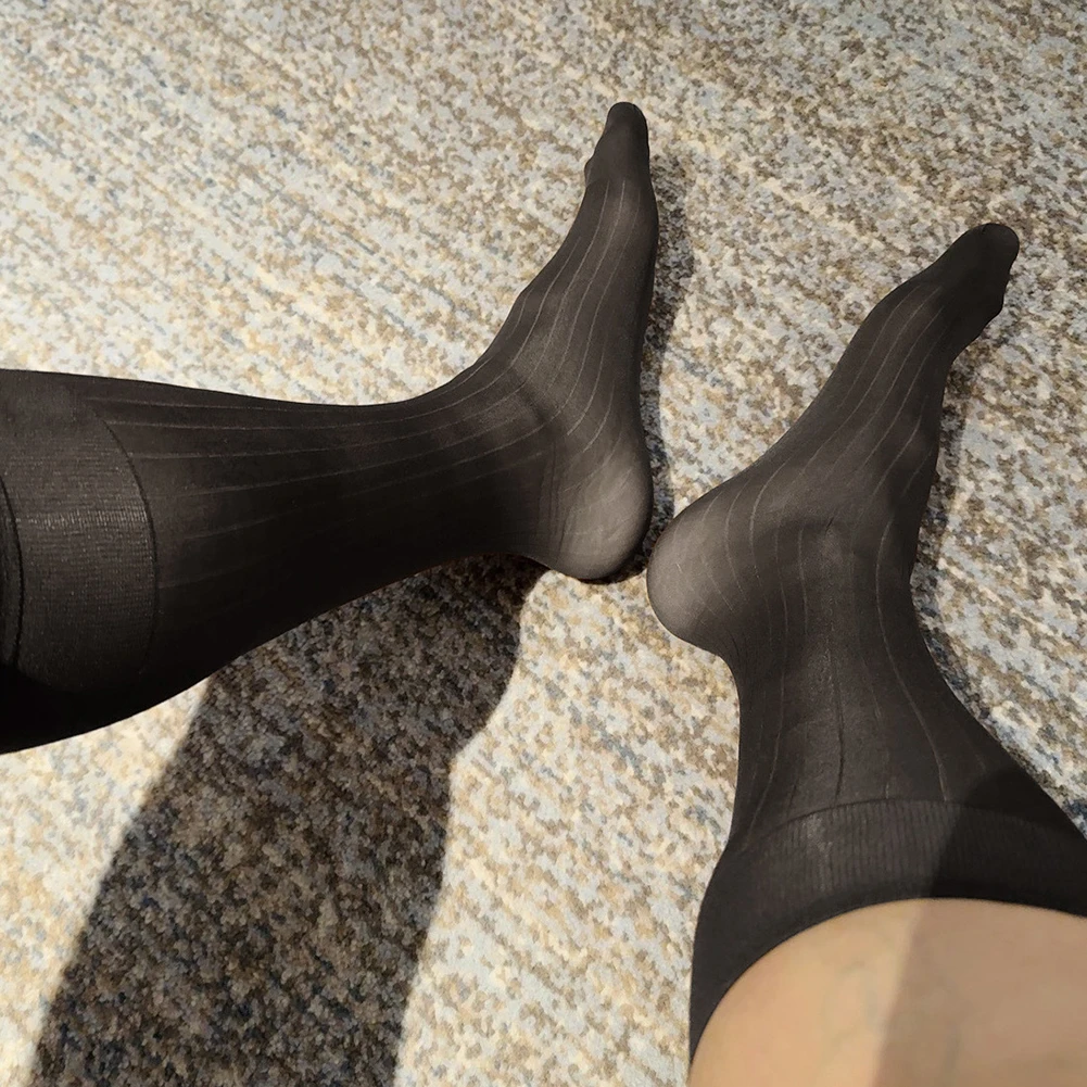 

1 Pair Men Casual Stripes Formal Dress Tube Socks Sheer Stockings Ultrathin Daily Wear Business Socks For Man