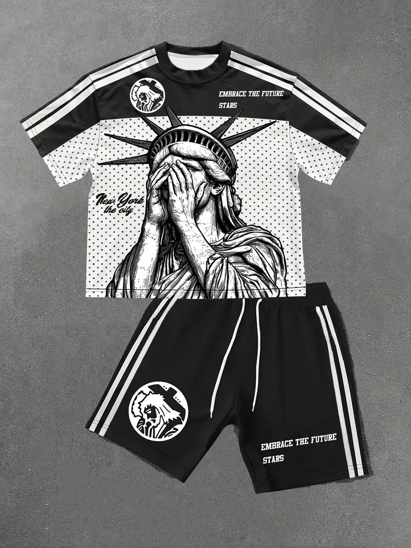 

2025-26 Summer New Best-selling Trend Design Set 3D Printing American Street Breathable Comfortable T-shirt Shorts Set
