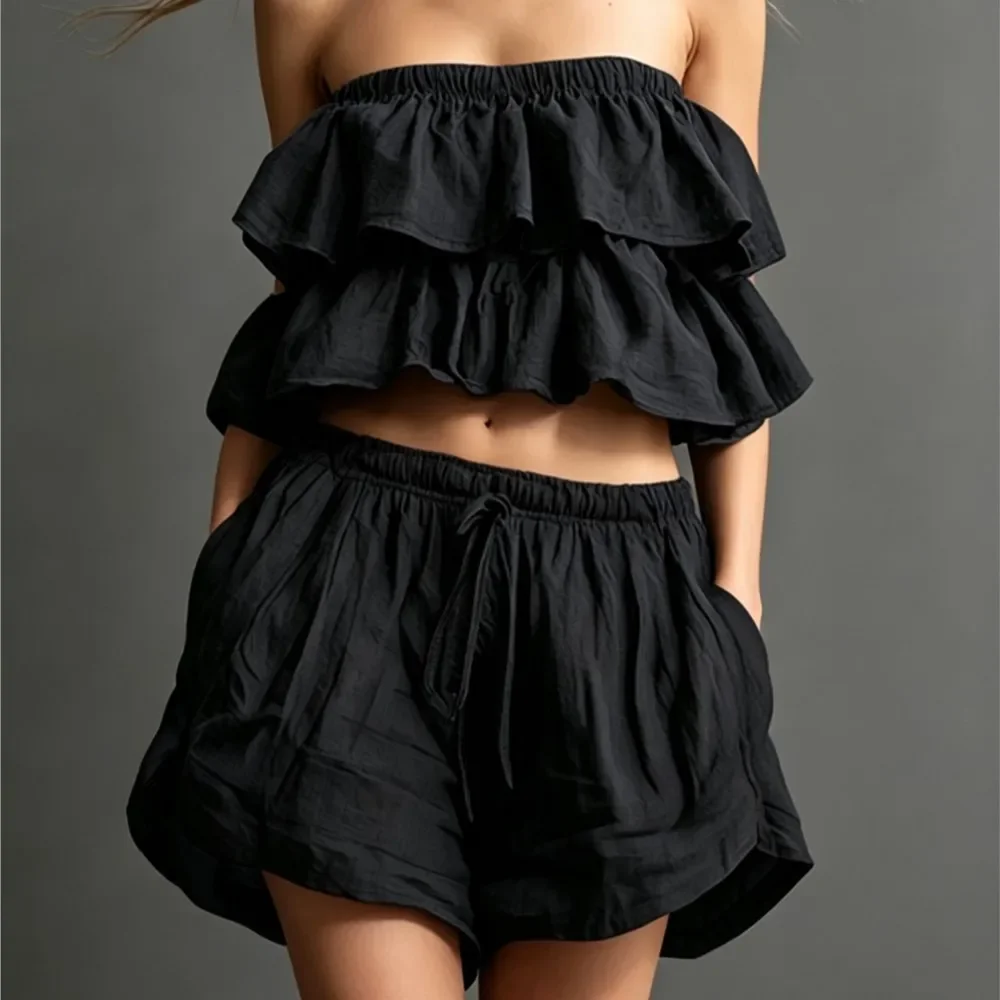Ruffled Chest-wrapped Short Tops+Shorts 2-piece Set Summer Women's New Casual Cotton Linen Drawstring Shorts Set Костюм Женский