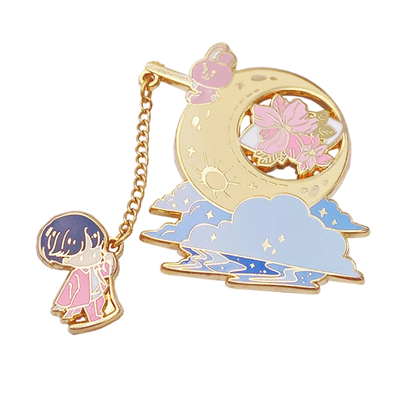 Factory Cartoon Dream Moon Lapel Pin Pink Bunny Fishing Chain South Korea's Handsome Stars Hard Enamel Gold Metal Badge For Gift