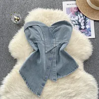 Chic Denim Asymmetrical Tube Top Korean Fashion Tank Top Slim Sexy Strapless Casual Hotsweet Crop Tops Summer Women Clothing
