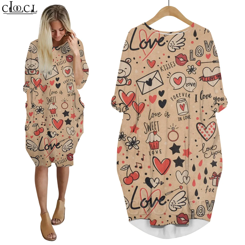 CLOOCL Long Sleeve Dresses for Women I Love You Kiss Alphabet Love Heart Star Envelopes Print Vintage Style Y2k Clothing