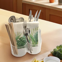 5 Compartment Classic Acrylic Napkin Holder with Cutlery Organizer Caddy Bin, For Spoons, Forks, Knives & Cups Divided Storage!