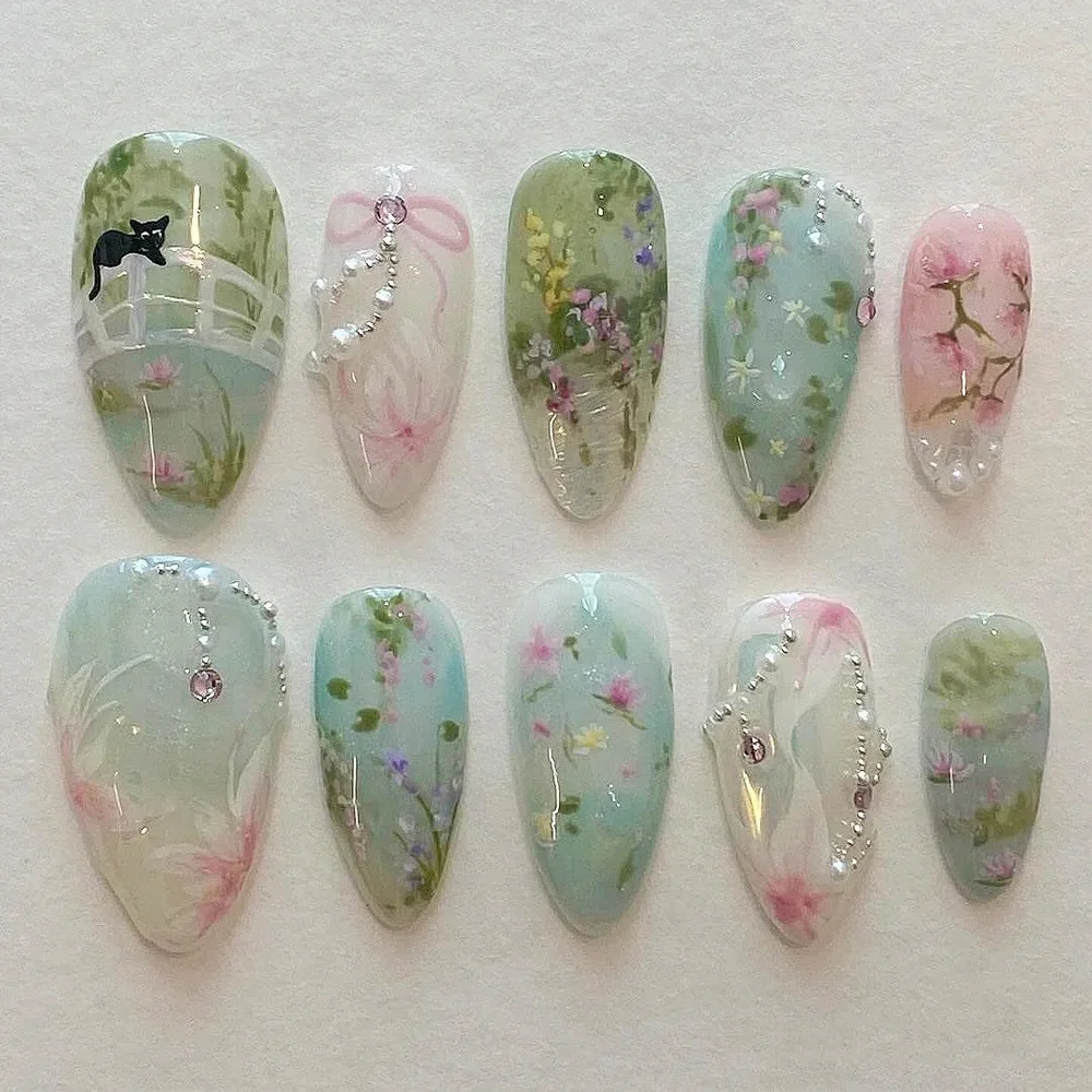 

24PCS Pastoral Flower Almond False Nails Sweet Green Gradient French Fake Nails for Girls Women with Bow Pearl Press on Nail Art