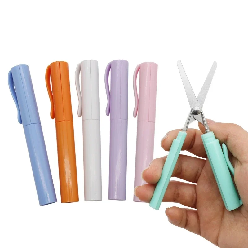 1PC Compact Mini Folding Stainless Steel Scissors Pen-Style Portable Blue Pink White for Students Art Projects